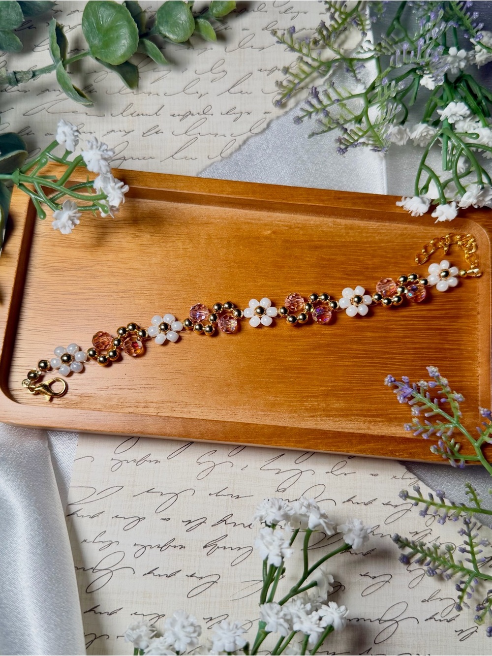 Gold-Tone Floral Pearl & Pink Crystal Bracelet